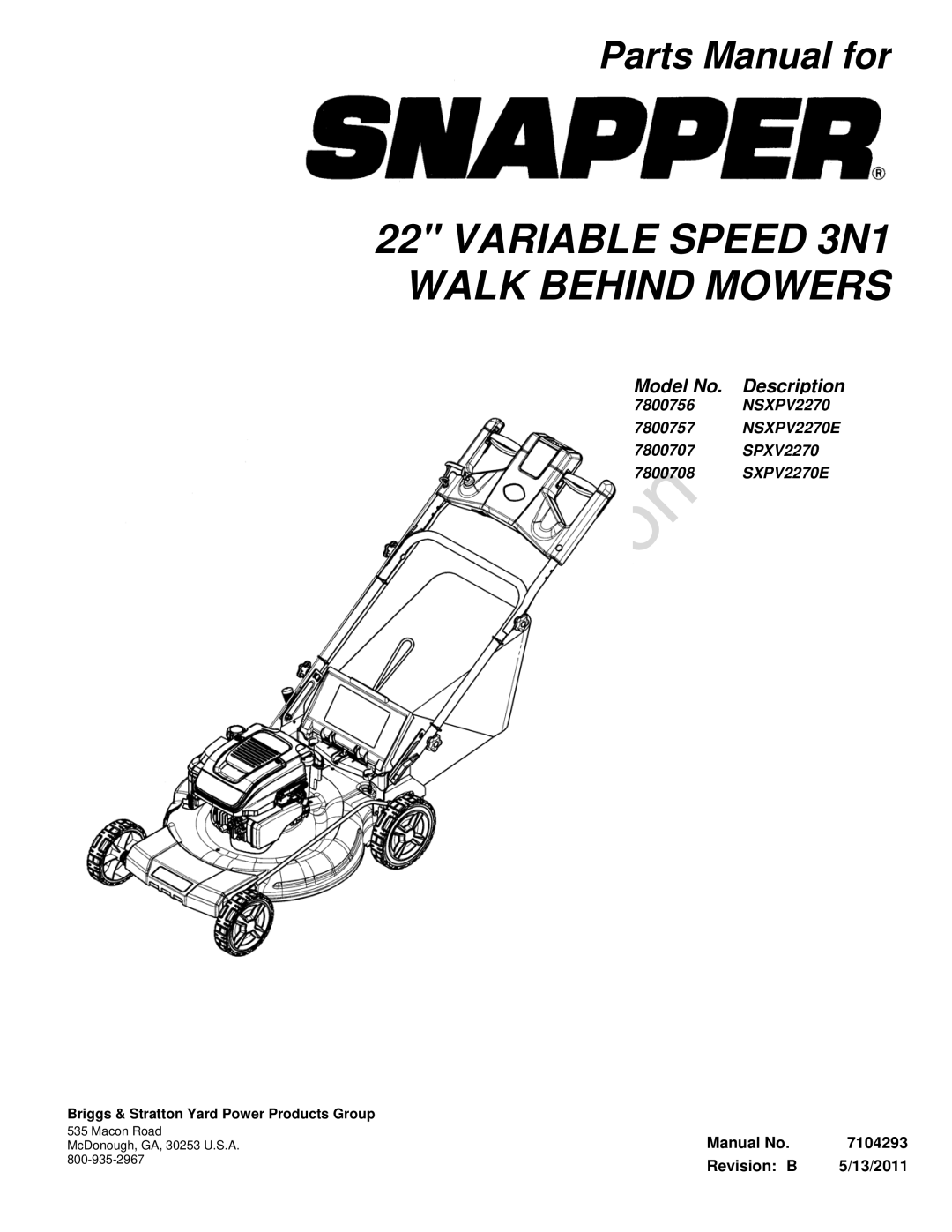 Briggs & Stratton 7800708, 7800756, 7800707, 7800757 manual Reproduction 