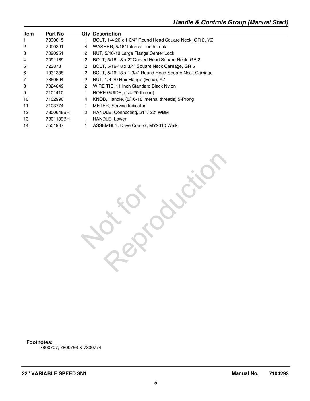 Briggs & Stratton 7800708, 7800756, 7800707, 7800757 manual Footnotes 