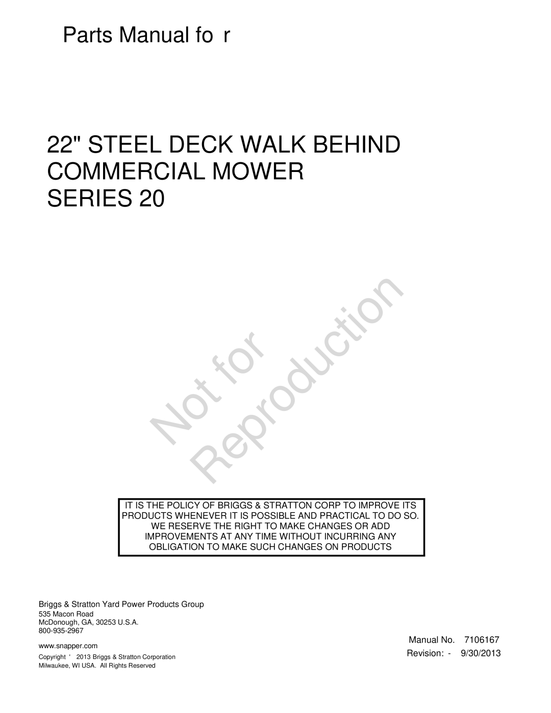 Briggs & Stratton 7800849 manual Macon Road McDonough, GA, 30253 U.S.A 