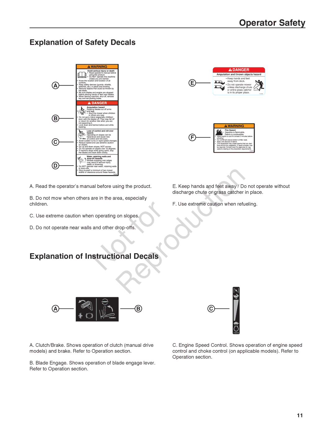 Briggs & Stratton 7800921-00, 7800918-00, 7800932-00 manual Explanation of Safety Decals, Explanation of Instructional Decals 