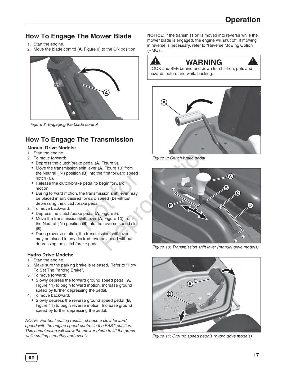 Briggs & Stratton 7800932-00, 7800918-00, 7800920-00, 7800921-00 manual Forward, How To Engage The Mower Blade 