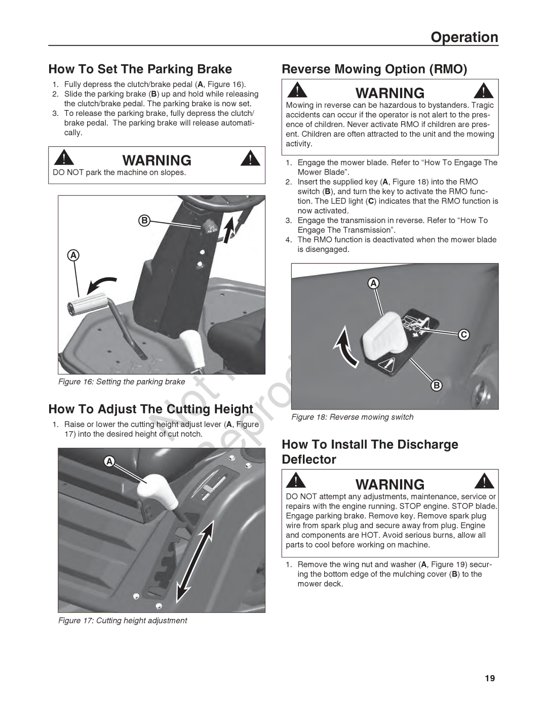 Briggs & Stratton 7800921-00, 7800918-00, 7800932-00 manual How To Set The Parking Brake Reverse Mowing Option RMO, Deflector 