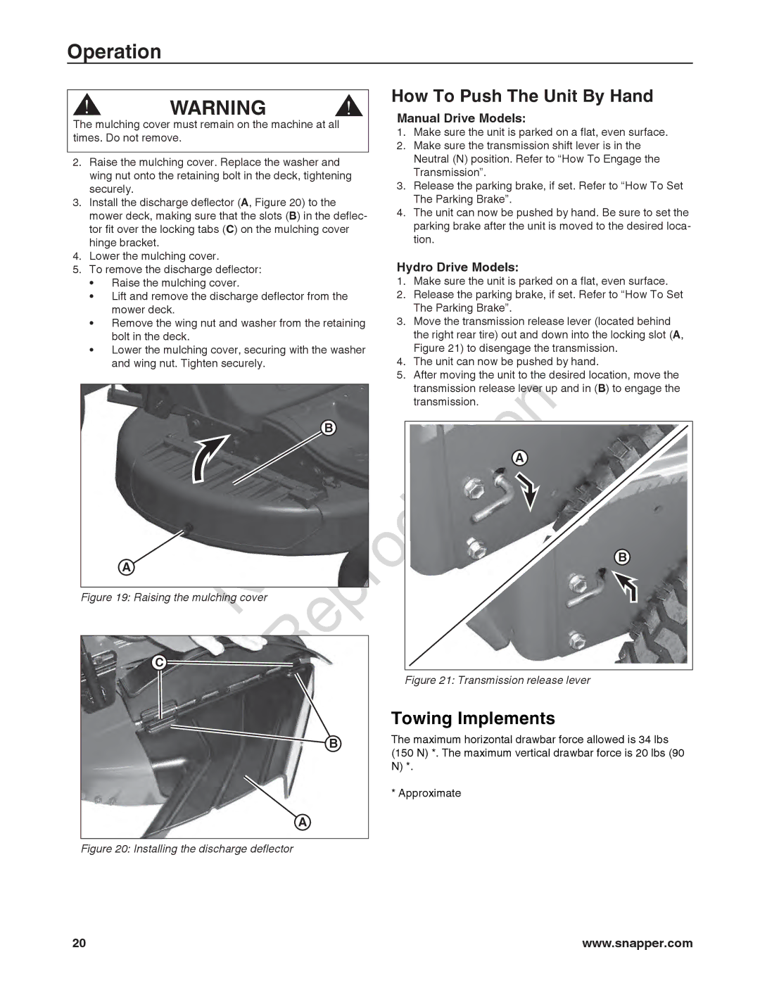 Briggs & Stratton 7800918-00, 7800932-00, 7800920-00 manual Repr Oduction, How To Push The Unit By Hand, Towing Implements 