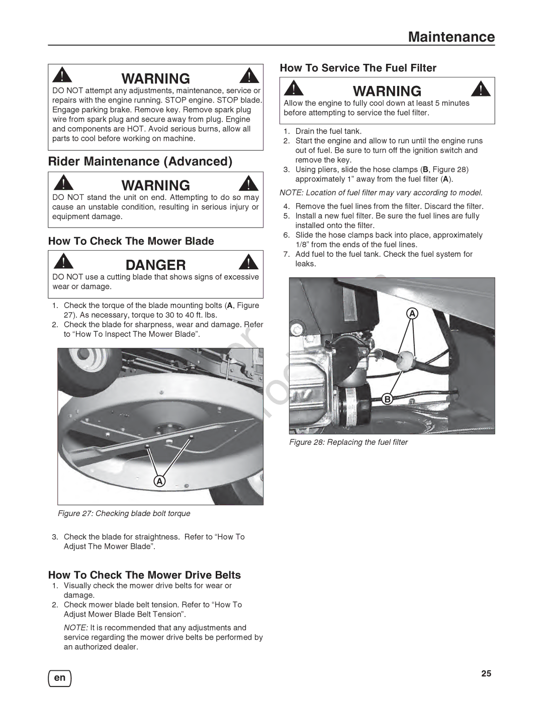 Briggs & Stratton 7800932-00 Rider Maintenance Advanced, How To Service The Fuel Filter, How To Check The Mower Blade 