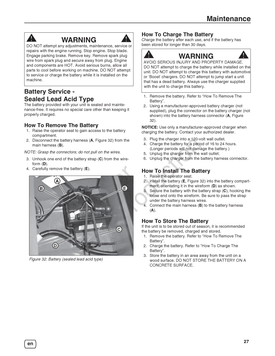 Briggs & Stratton 7800921-00 Battery Service Sealed Lead Acid Type, How To Remove The Battery How To Charge The Battery 