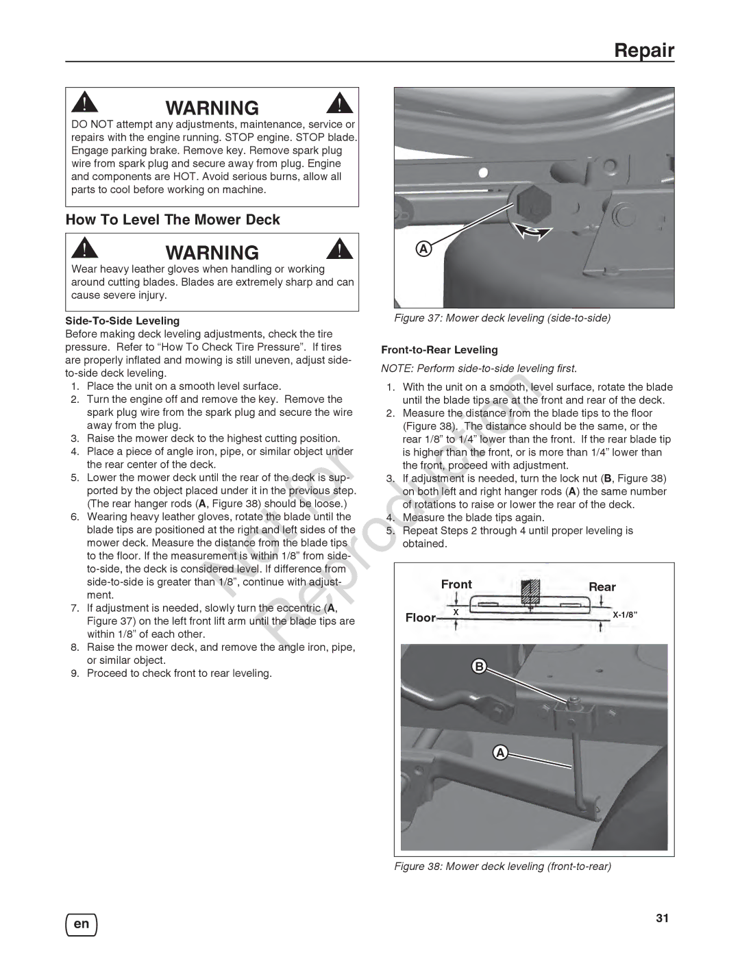 Briggs & Stratton 7800921-00, 7800918-00 manual Reproduction B, Repair, How To Level The Mower Deck, Side-To-Side Leveling 