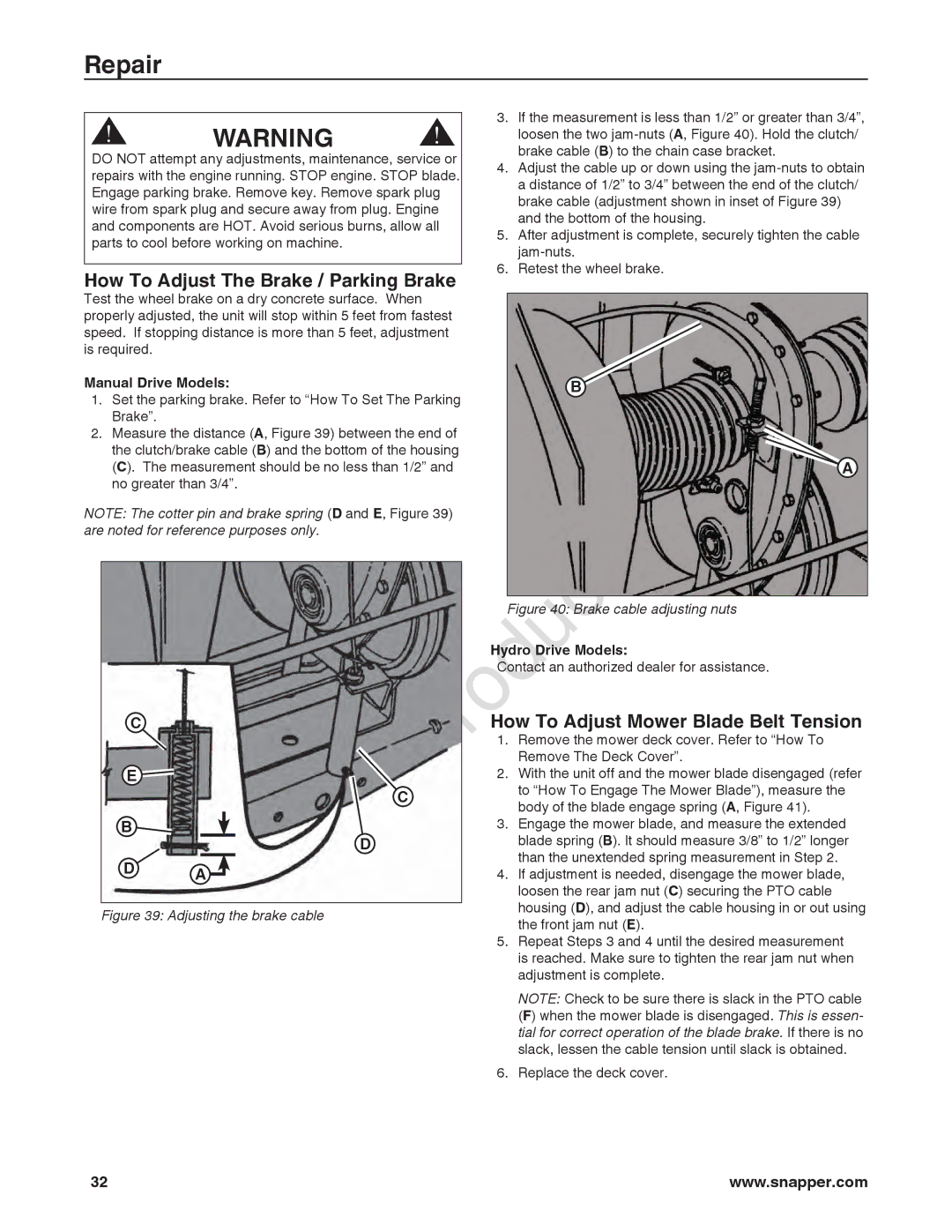 Briggs & Stratton 7800918-00, 7800932-00 How To Adjust The Brake / Parking Brake, How To Adjust Mower Blade Belt Tension 