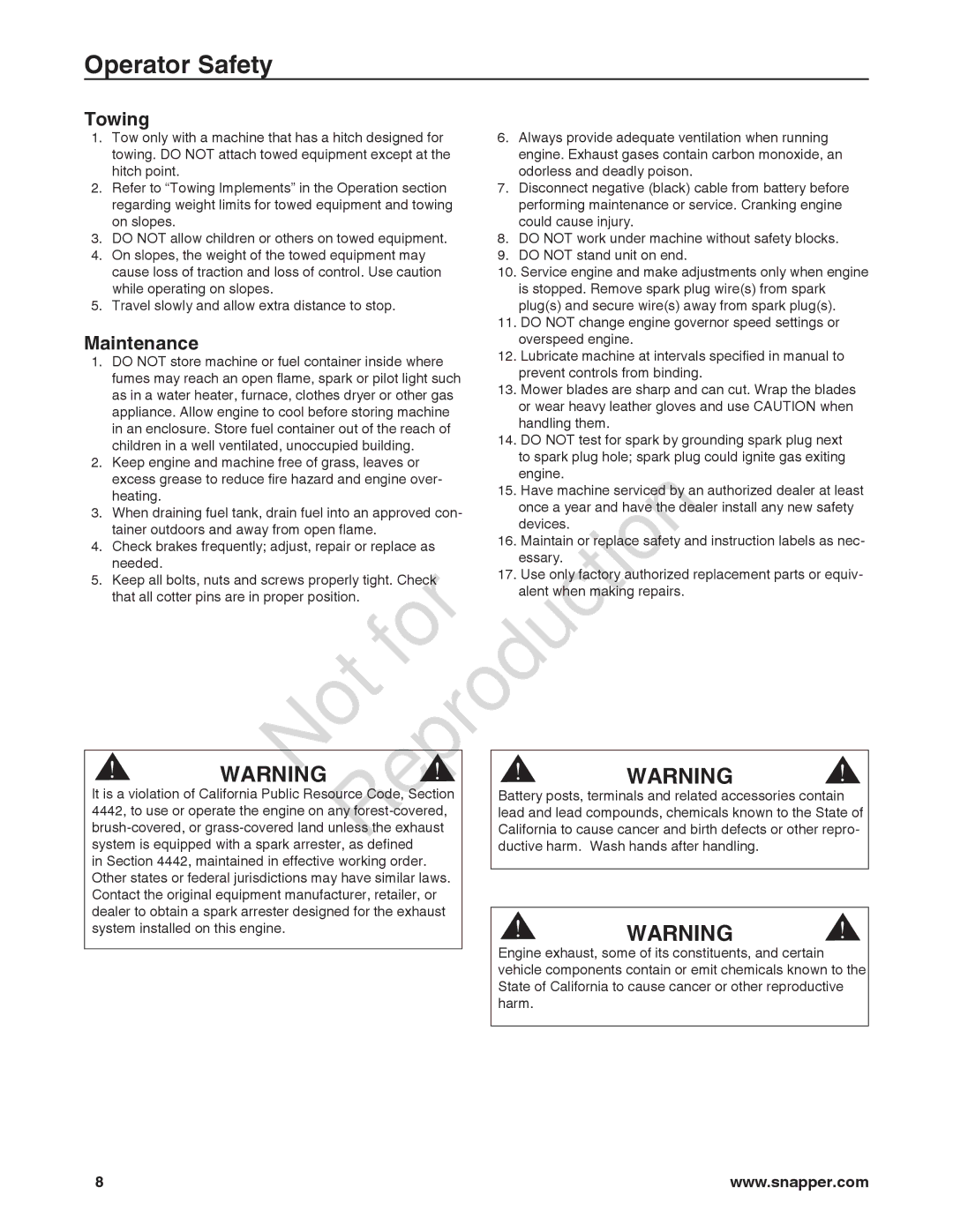 Briggs & Stratton 7800918-00, 7800932-00, 7800920-00, 7800921-00 manual Towing, Maintenance 