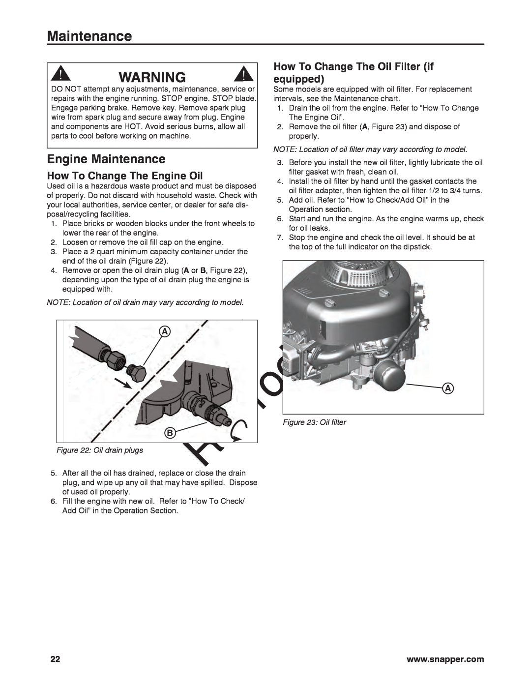 Briggs & Stratton 7800920-00 Engine Maintenance, How To Change The Oil Filter if, equipped, How To Change The Engine Oil 