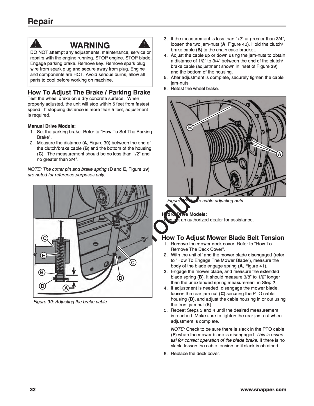 Briggs & Stratton 7800918-00 manual How To Adjust The Brake / Parking Brake, How To Adjust Mower Blade Belt Tension, Repair 