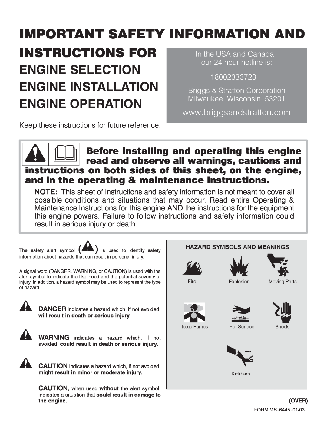 Briggs & Stratton 8-P Important Safety Information And, Instructions For, and in the operating & maintenance instructions 