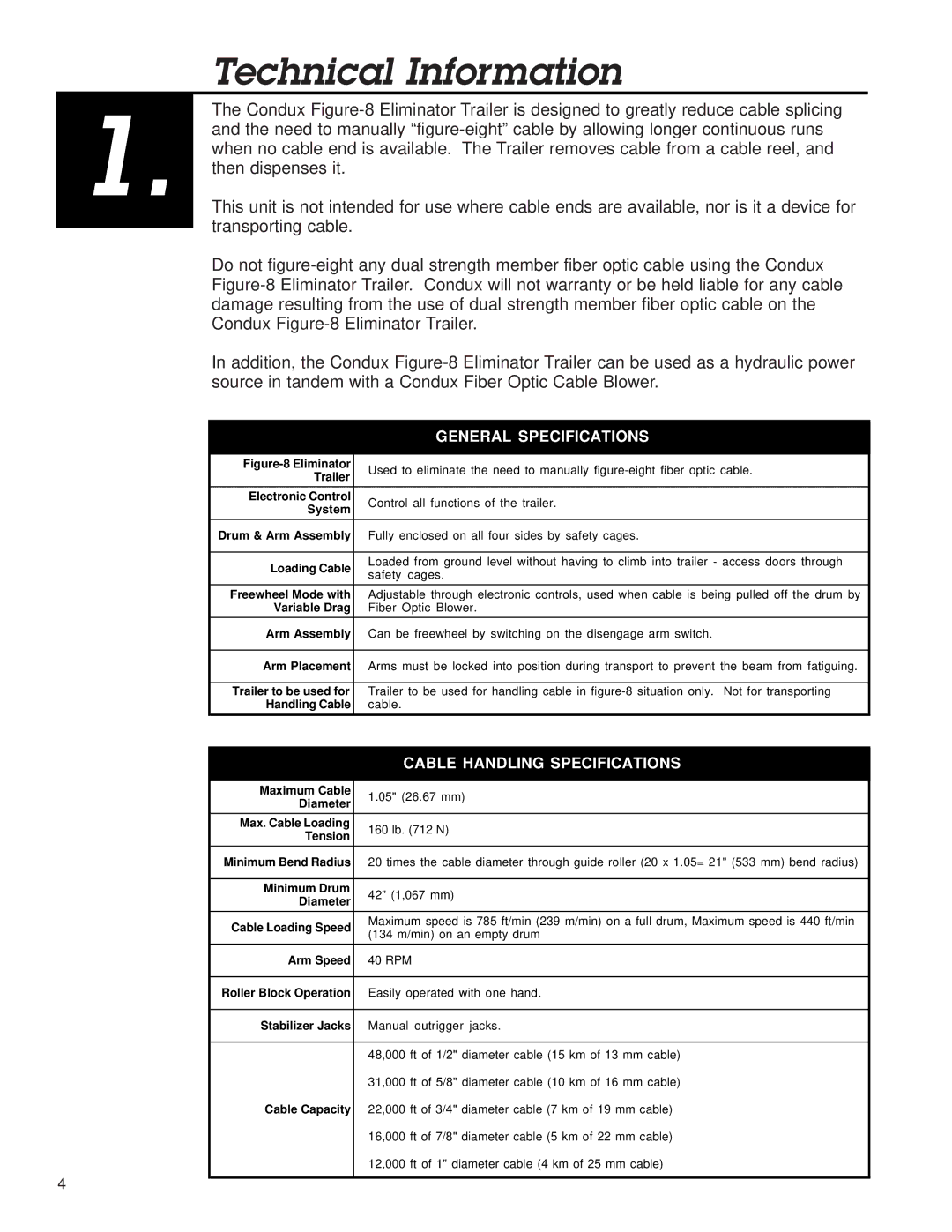 Briggs & Stratton 8 manual Technical Information, Reposition the trailer on the job site, Cable Handling Specifications 