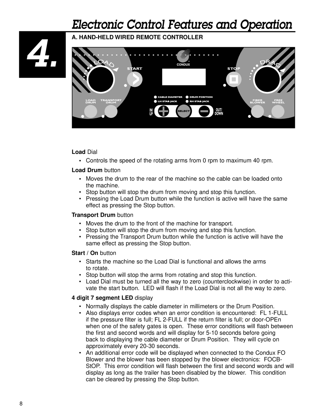 Briggs & Stratton 8 manual Electronic Control Features and Operation, HAND-HELD Wired Remote Controller 