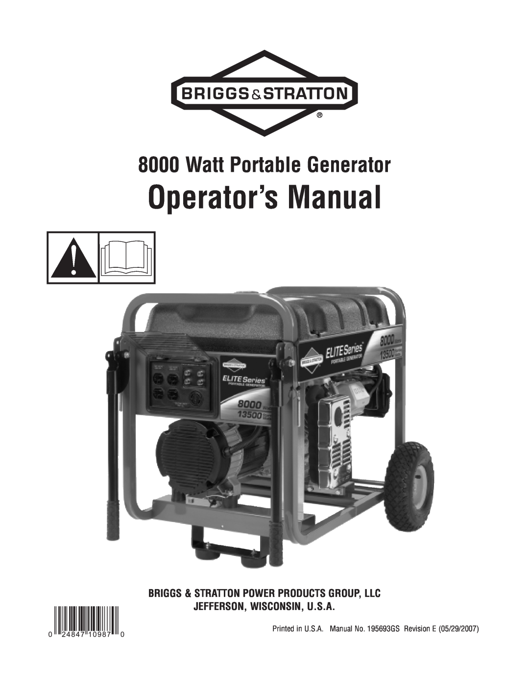 Briggs & Stratton 8000 Watt Portable Generator manual Operator’s Manual, Briggs & Stratton Power Products Group, Llc 