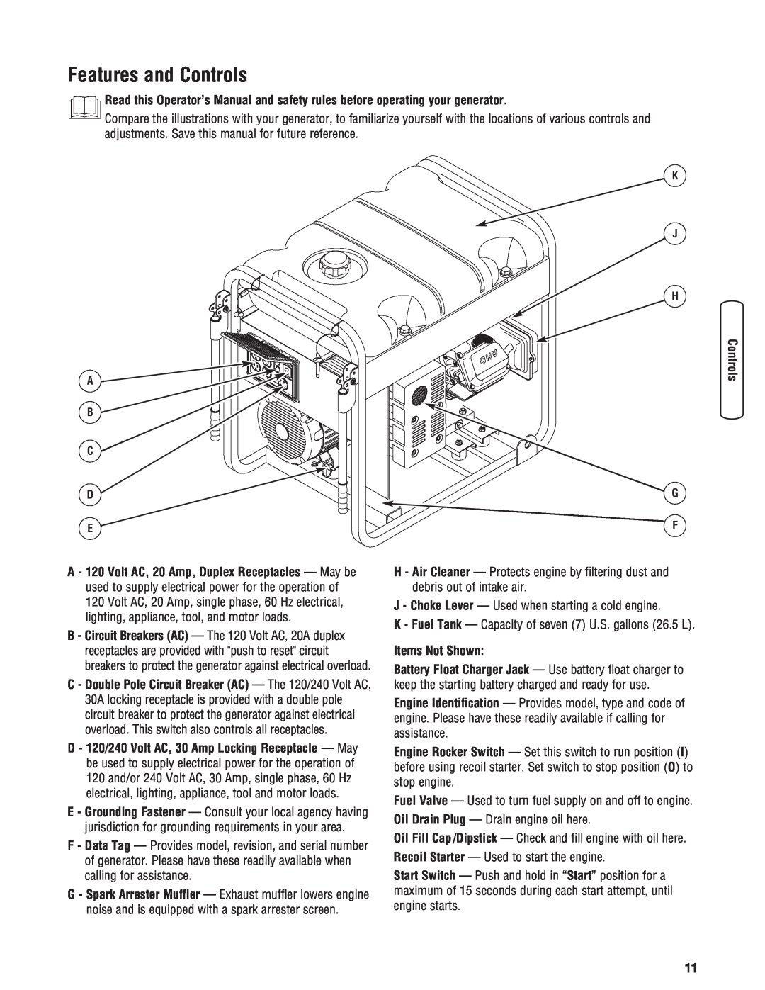 Briggs & Stratton 8000 Watt Portable Generator Features and Controls, A - 120 Volt AC, 20 Amp, Duplex Receptacles - May be 
