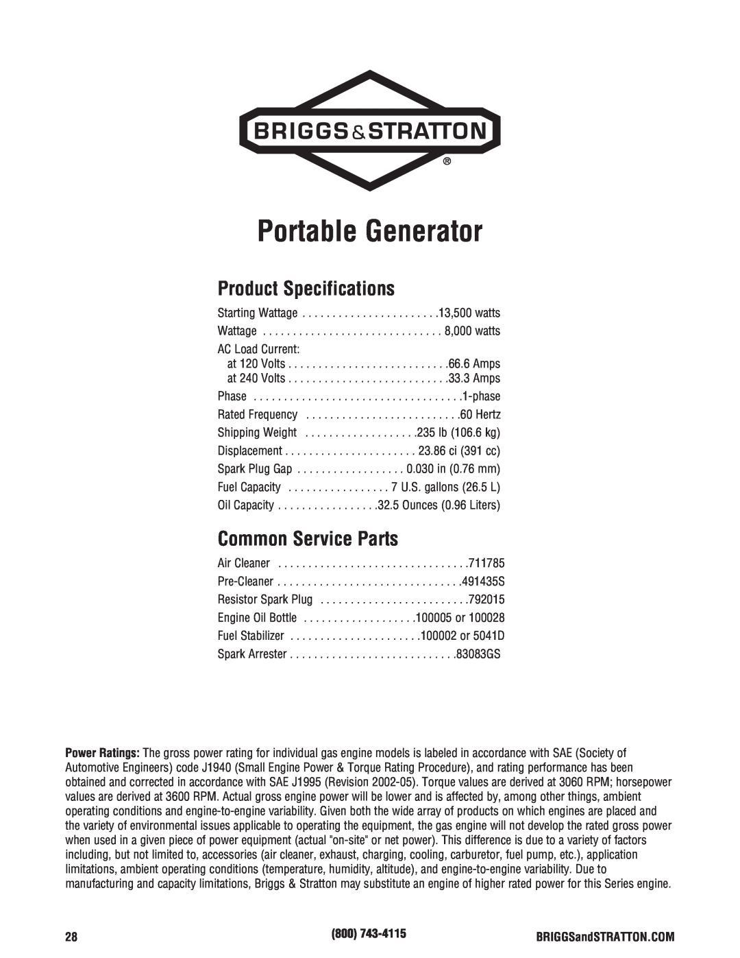 Briggs & Stratton 8000 Watt Portable Generator manual Product Specifications, Common Service Parts 