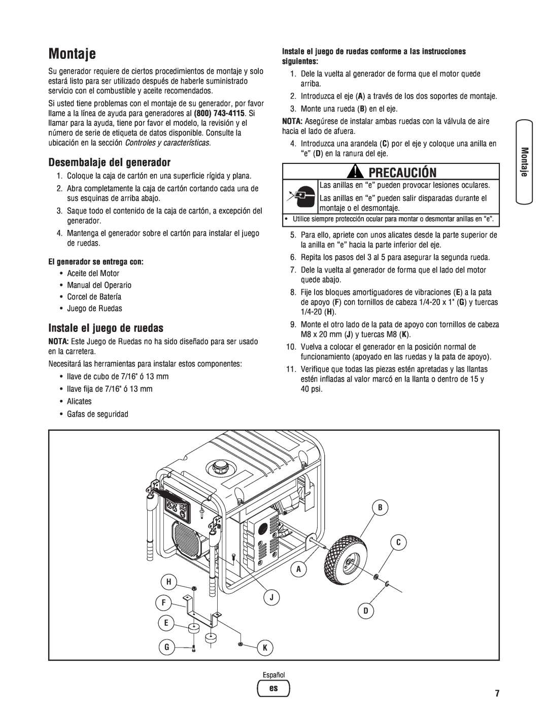 Briggs & Stratton 8000 Watt Portable Generator Montaje, Desembalaje del generador, Instale el juego de ruedas, Precaución 