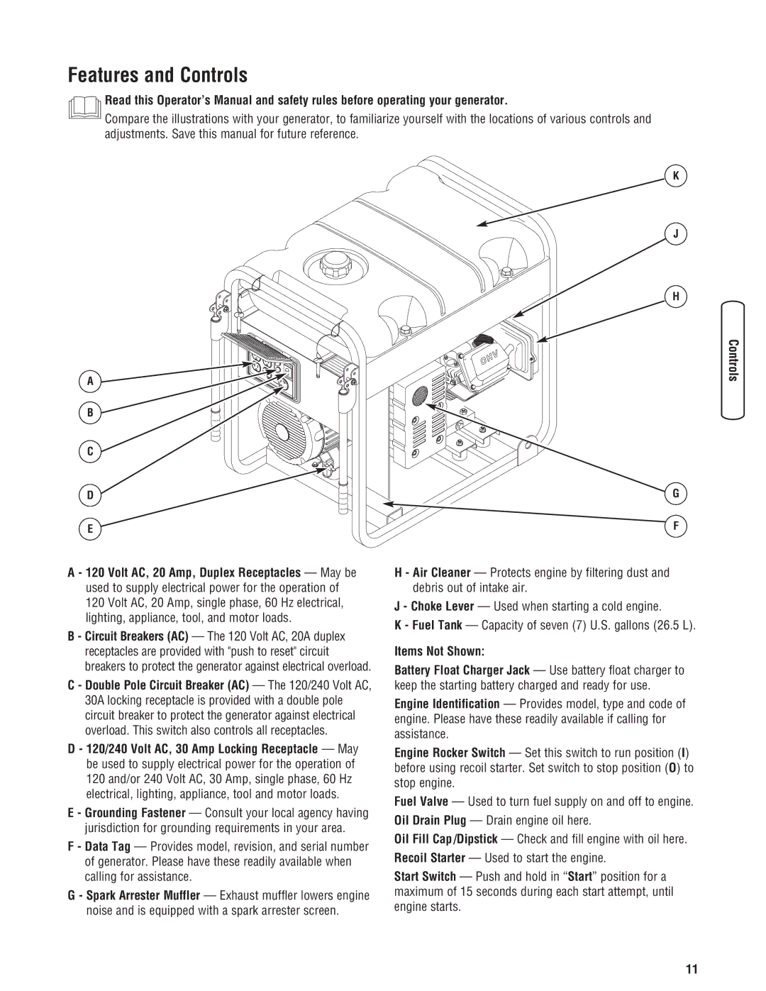 Briggs & Stratton 8000 Watt Portable Generator manual Features and Controls, Volt AC, 20 Amp, Duplex Receptacles May be 