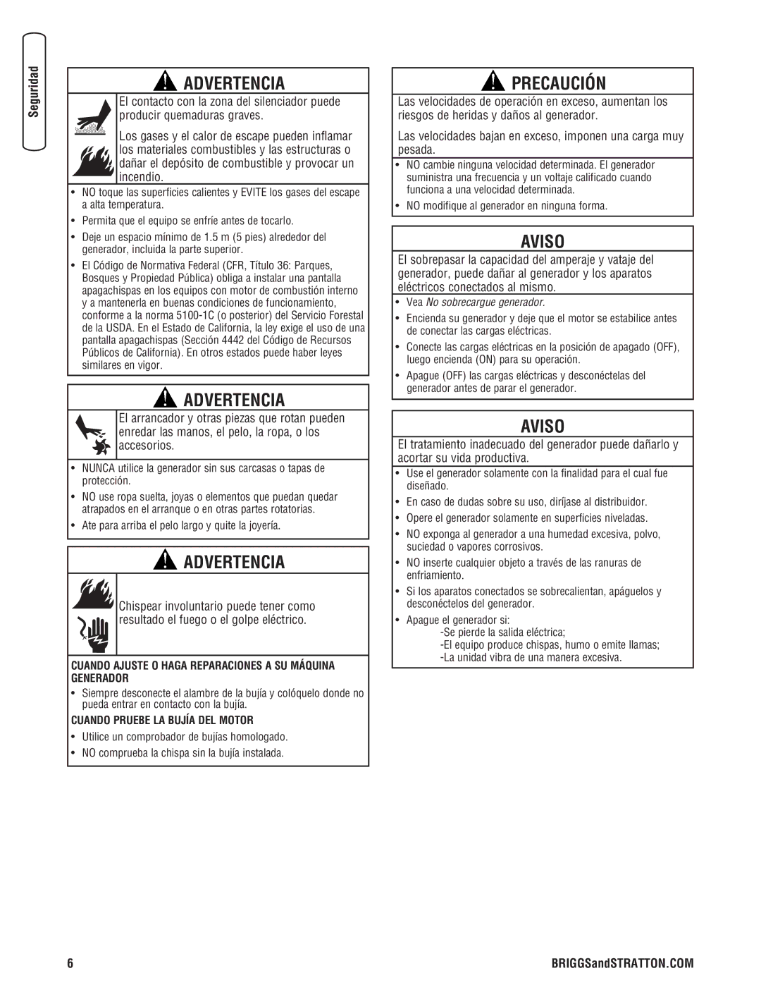 Briggs & Stratton 8000 Watt Portable Generator manual Cuando Ajuste O Haga Reparaciones a SU Máquina Generador 