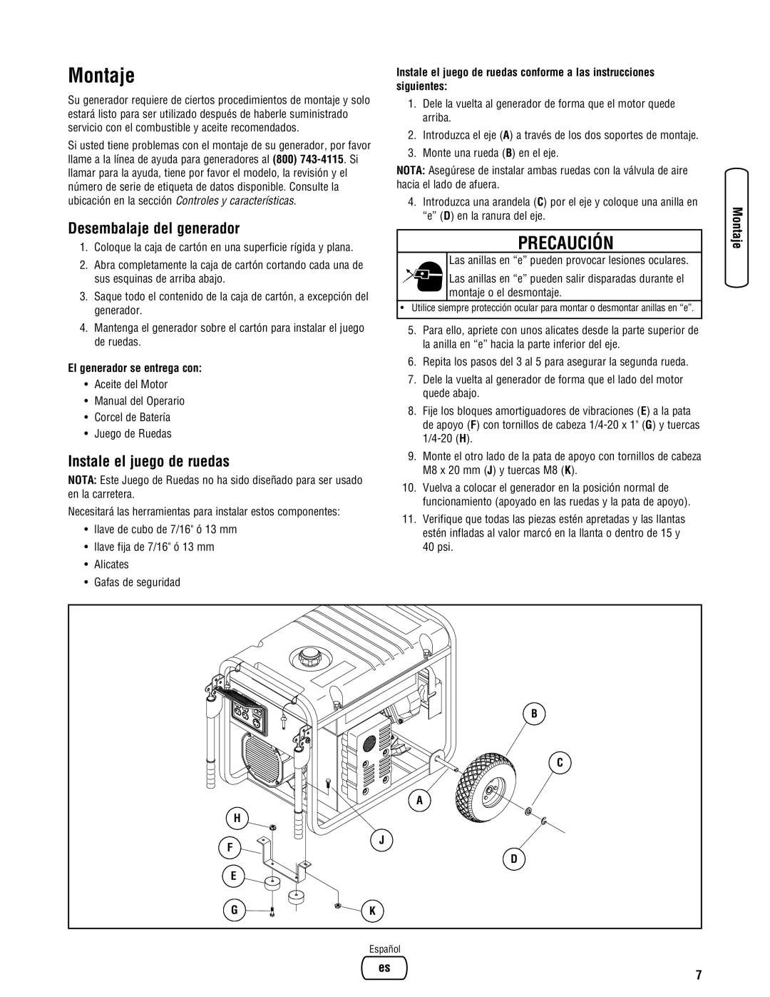 Briggs & Stratton 8000 Watt Portable Generator manual Montaje, Desembalaje del generador, Instale el juego de ruedas 