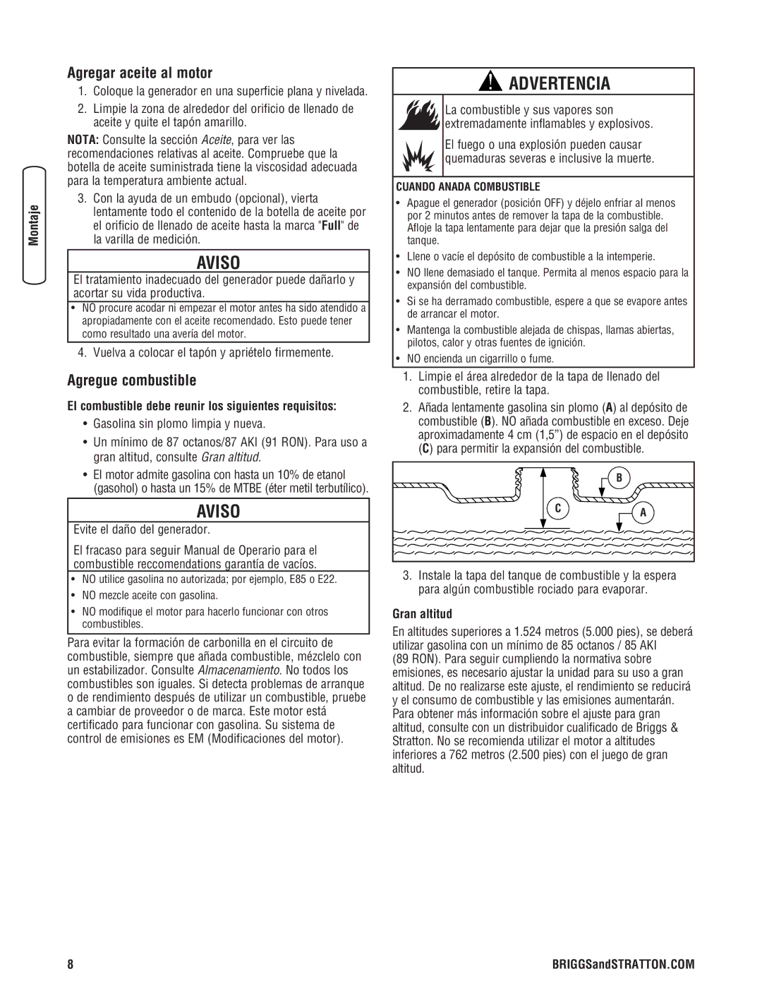 Briggs & Stratton 8000 Watt Portable Generator manual Agregar aceite al motor, Agregue combustible, Gran altitud 