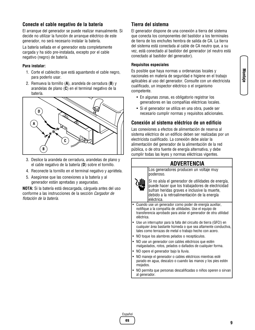 Briggs & Stratton 8000 Watt Portable Generator Conecte el cable negativo de la batería, Tierra del sistema, Para instalar 