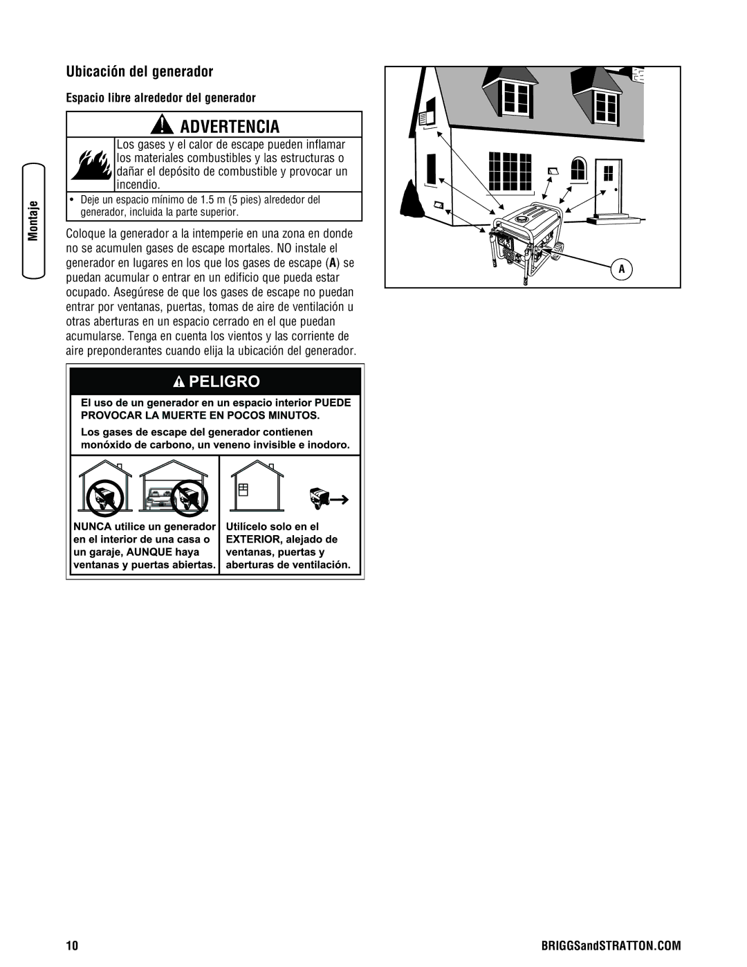 Briggs & Stratton 8000 Watt Portable Generator manual Ubicación del generador, Espacio libre alrededor del generador 