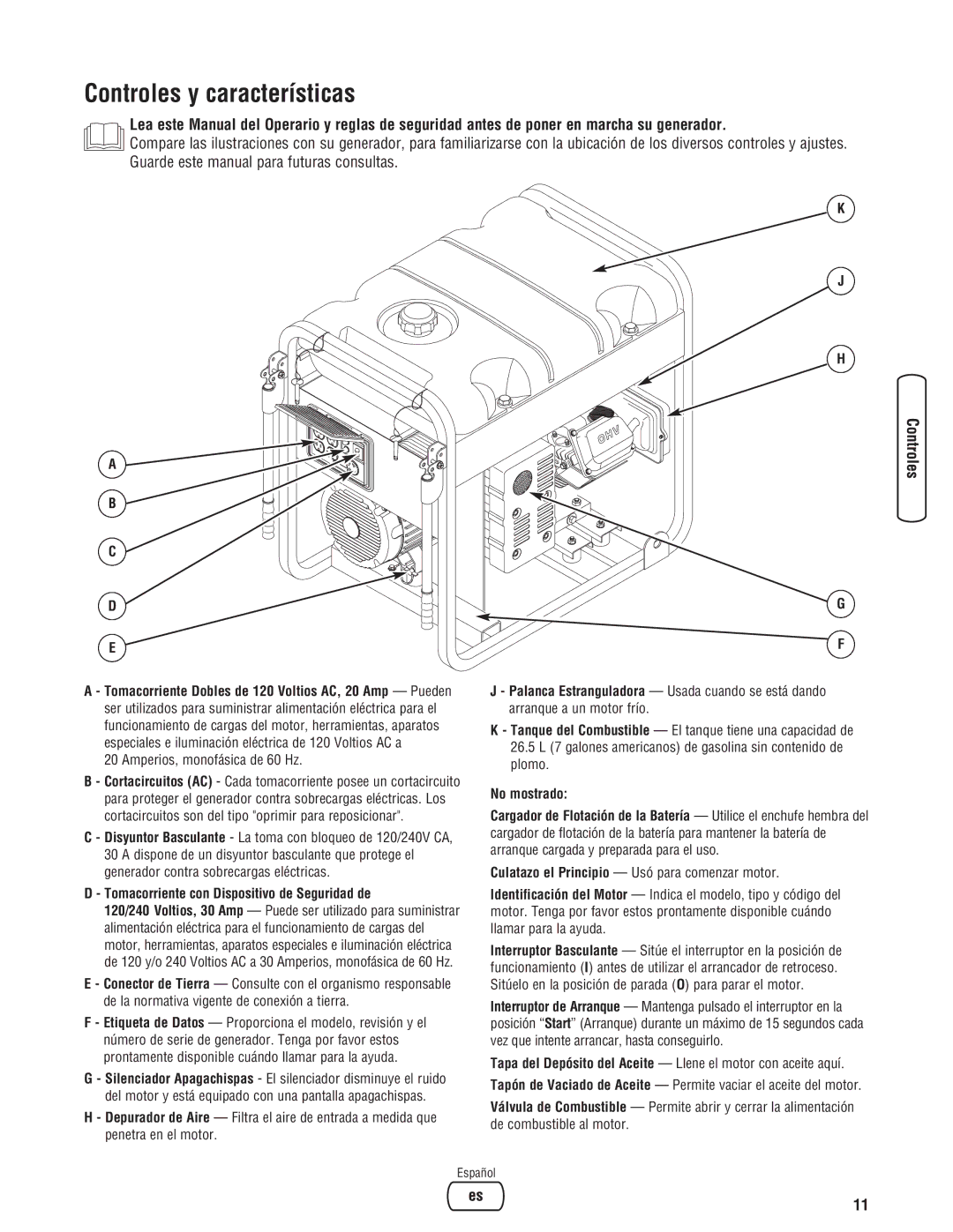 Briggs & Stratton 8000 Watt Portable Generator manual Controles y características, Amperios, monofásica de 60 Hz 