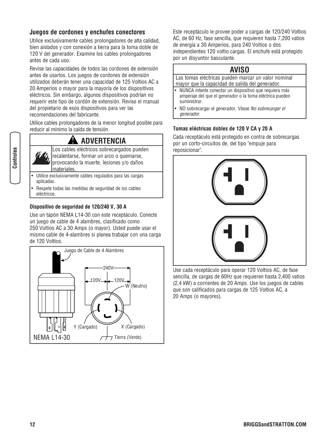 Briggs & Stratton 8000 Watt Portable Generator manual Juegos de cordones y enchufes conectores, Amps o mayores 