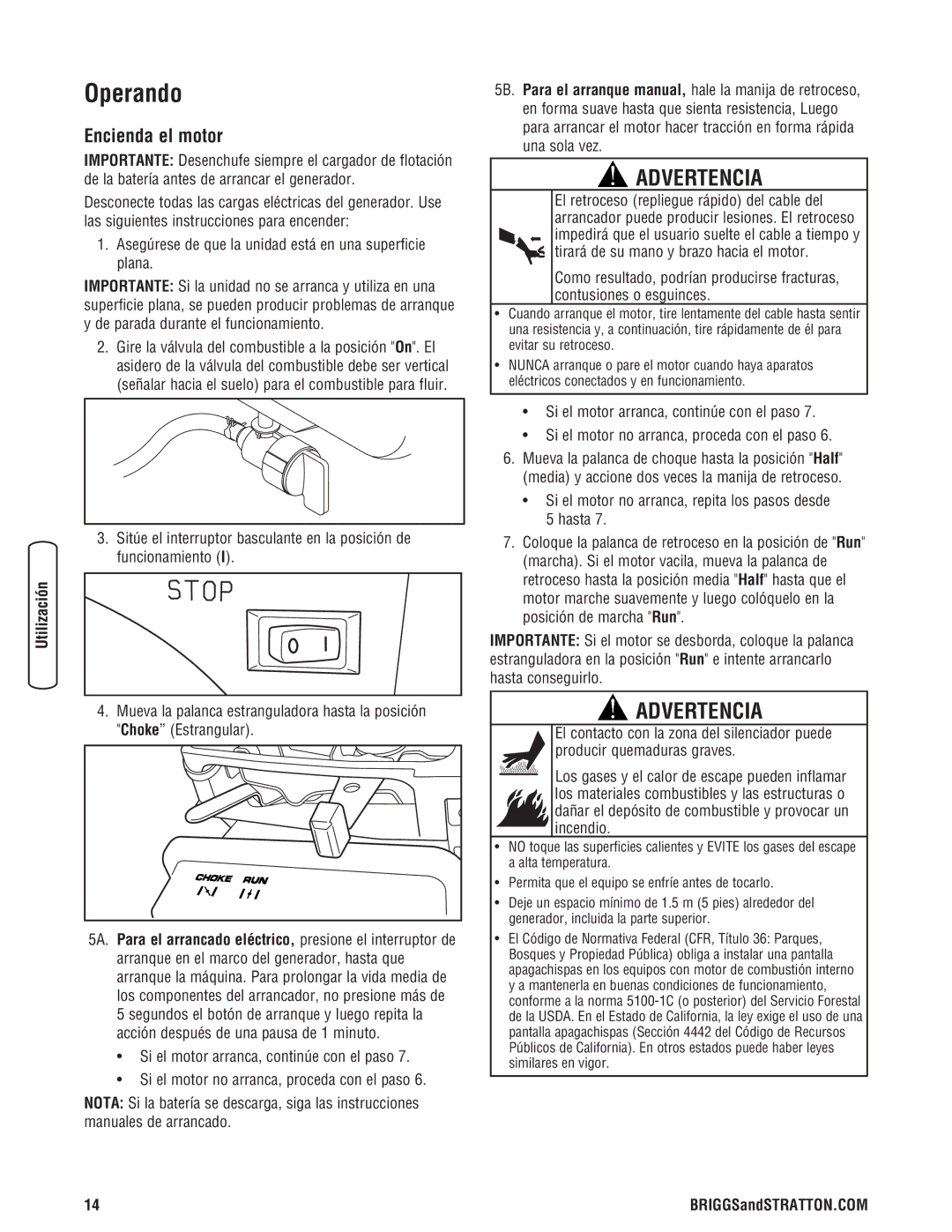 Briggs & Stratton 8000 Watt Portable Generator manual Operando, Encienda el motor 