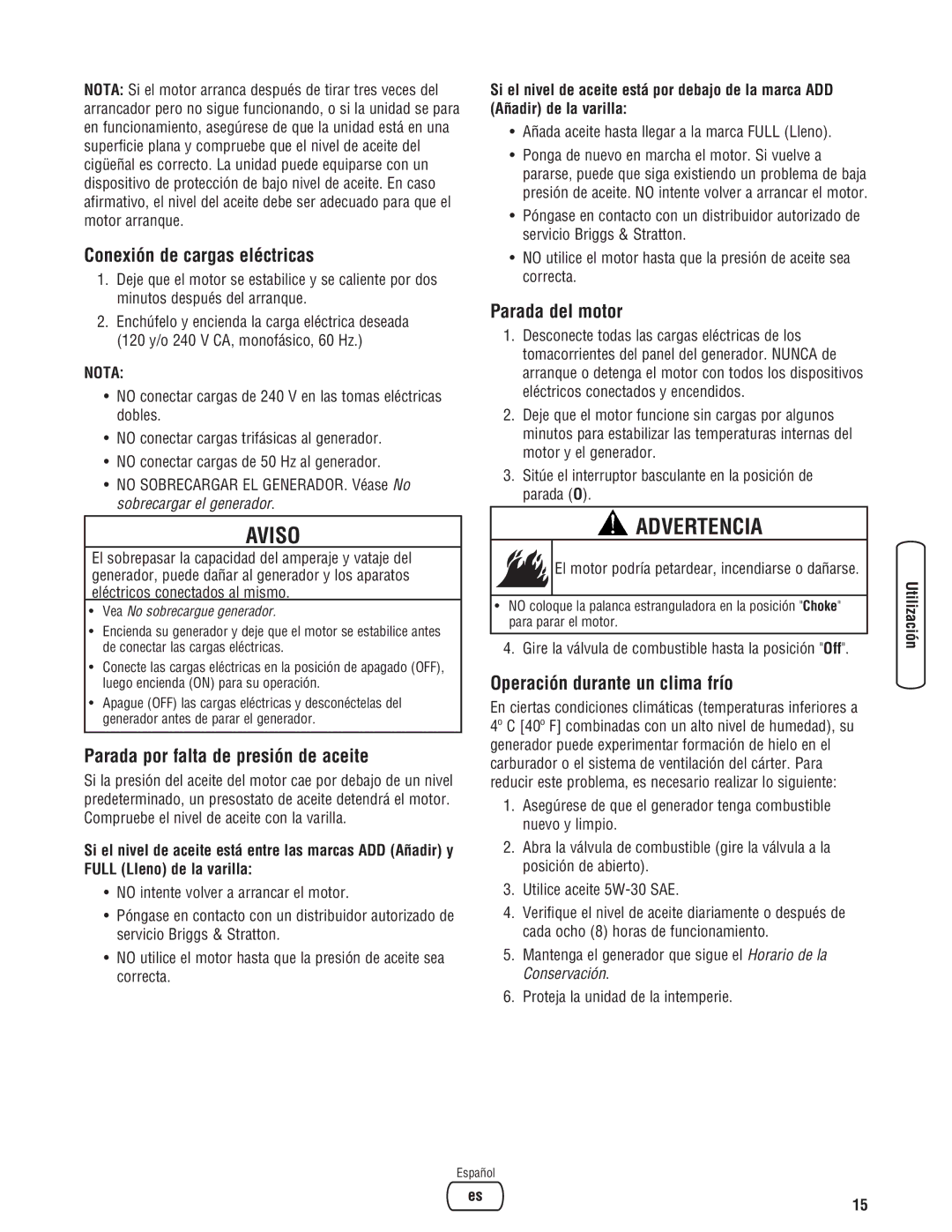 Briggs & Stratton 8000 Watt Portable Generator manual Conexión de cargas eléctricas, Parada por falta de presión de aceite 