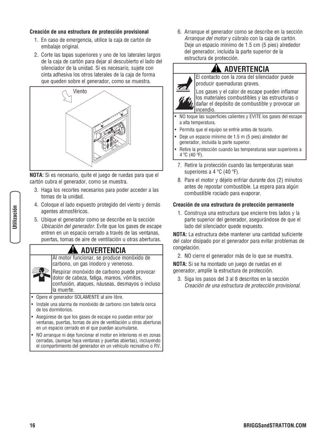 Briggs & Stratton 8000 Watt Portable Generator manual Creación de una estructura de protección provisional 