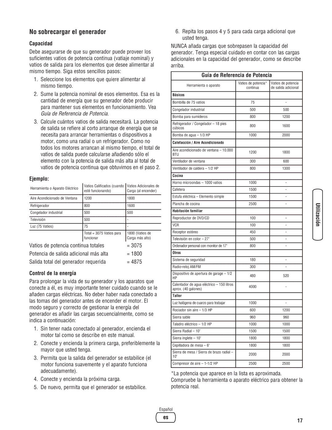 Briggs & Stratton 8000 Watt Portable Generator No sobrecargar el generador, Capacidad, Ejemplo, Control de la energía 