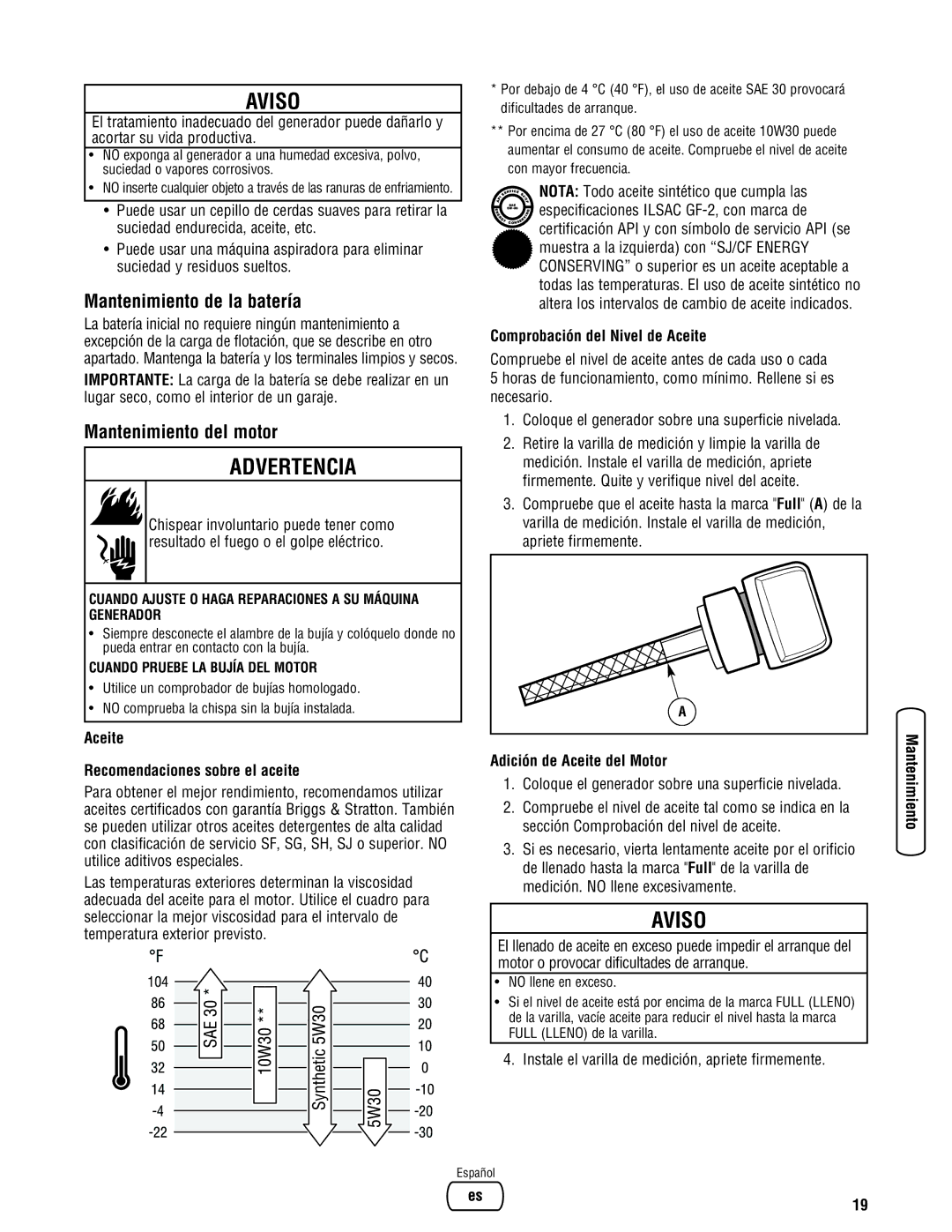 Briggs & Stratton 8000 Watt Portable Generator manual Mantenimiento de la batería, Mantenimiento del motor 