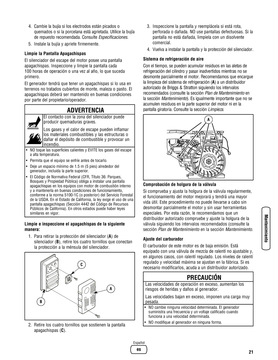 Briggs & Stratton 8000 Watt Portable Generator manual Limpie la Pantalla Apagachispas, Sistema de refrigeración de aire 