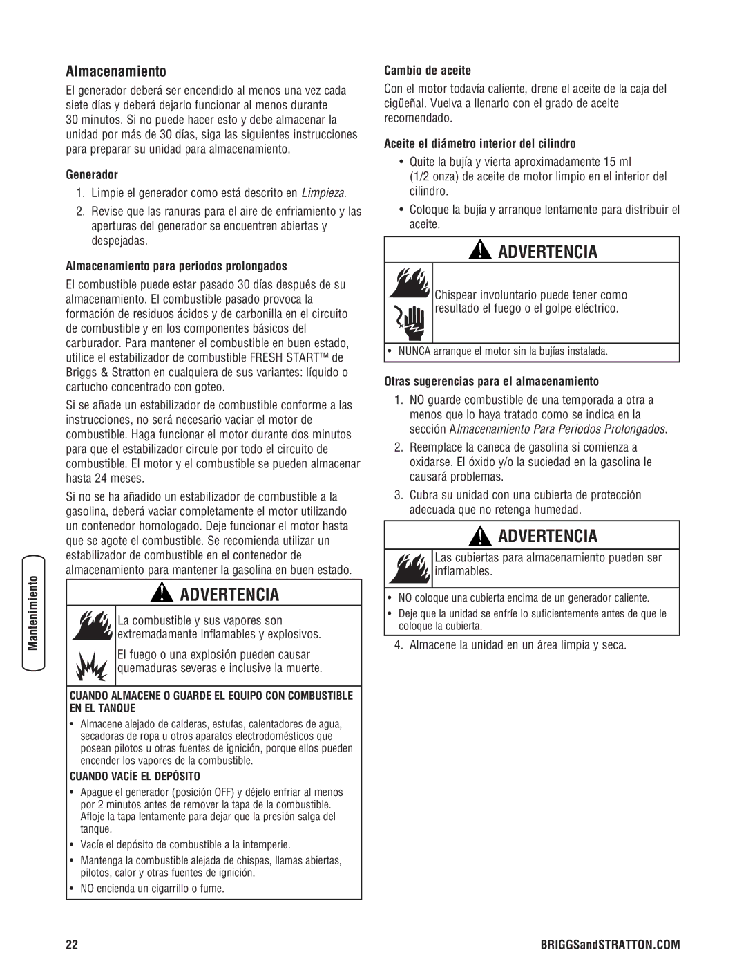 Briggs & Stratton 8000 Watt Portable Generator manual Almacenamiento 