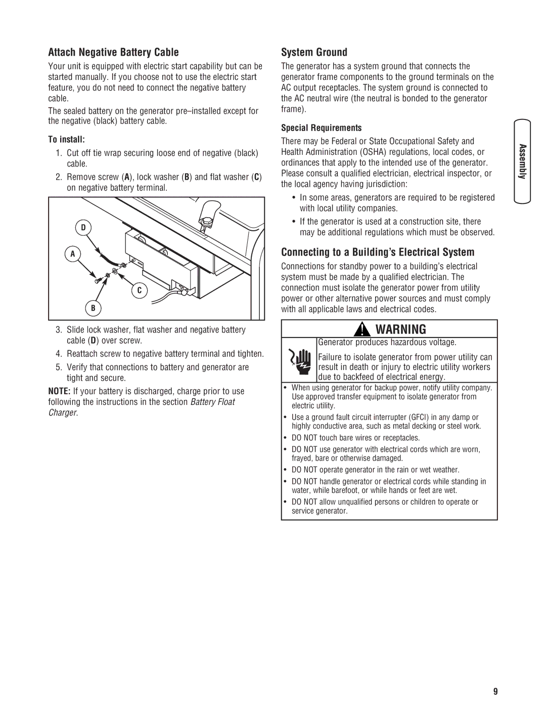 Briggs & Stratton 8000 Watt Portable Generator manual Attach Negative Battery Cable, System Ground, To install 