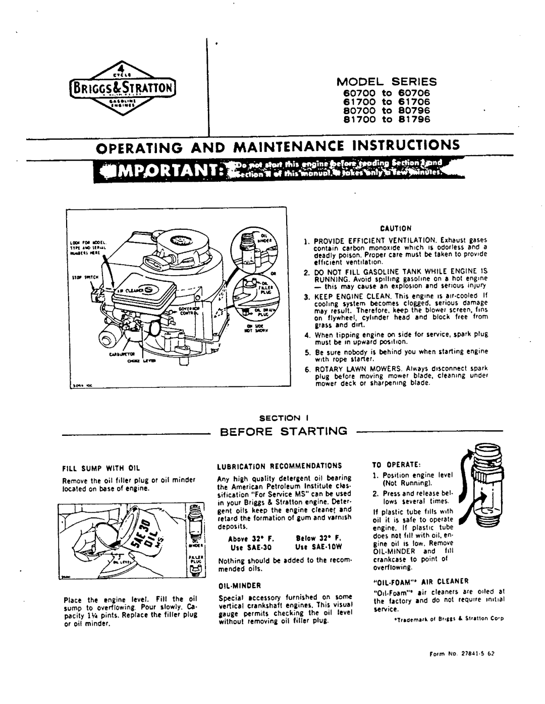 Briggs & Stratton 61700 -61706, 80700- 80796, 81700 -81796, 60700 - 60706 manual 