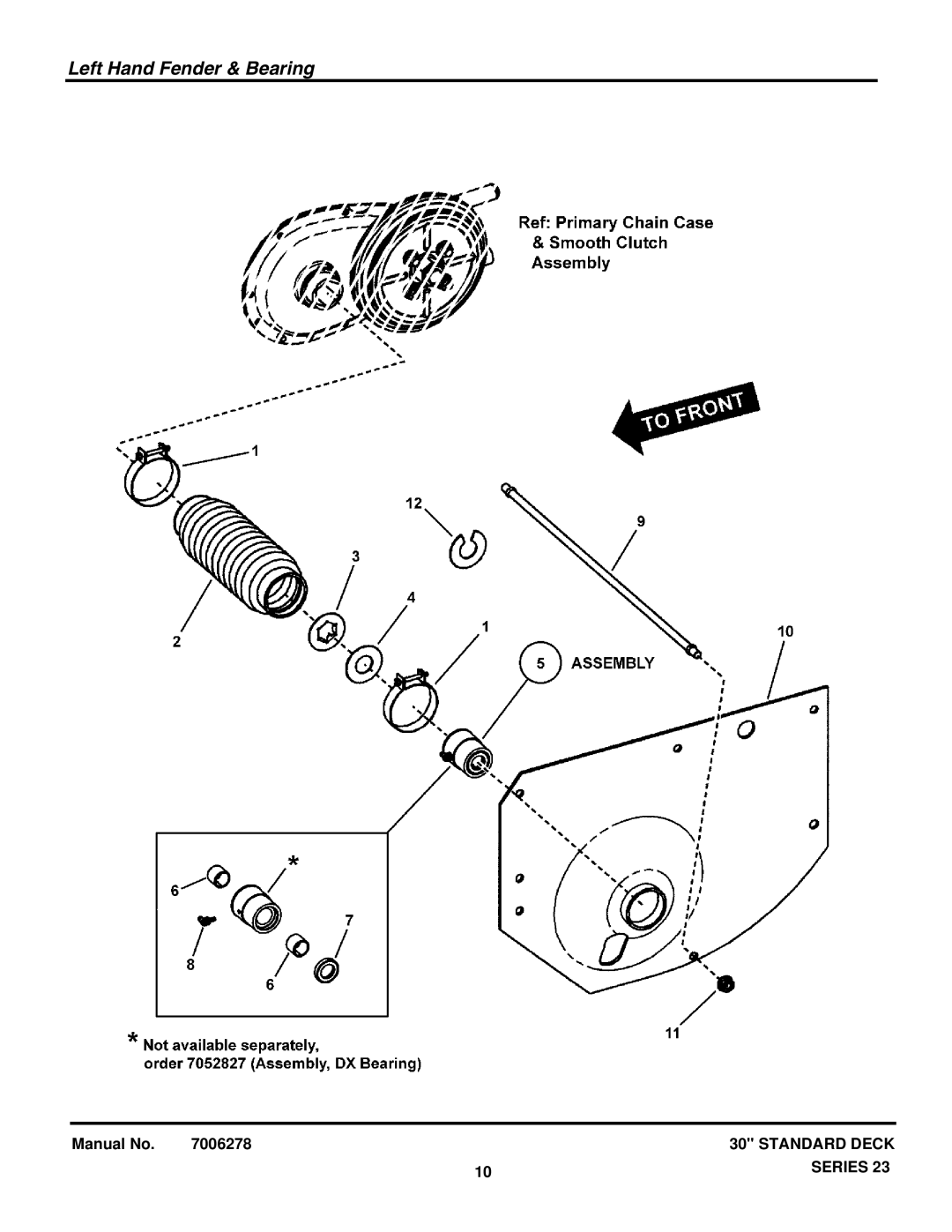 Briggs & Stratton 7085623 3012523BVE, 85625 3013523BVE, 84877 301323BVE, 84882 W301023BVE manual Left Hand Fender & Bearing 