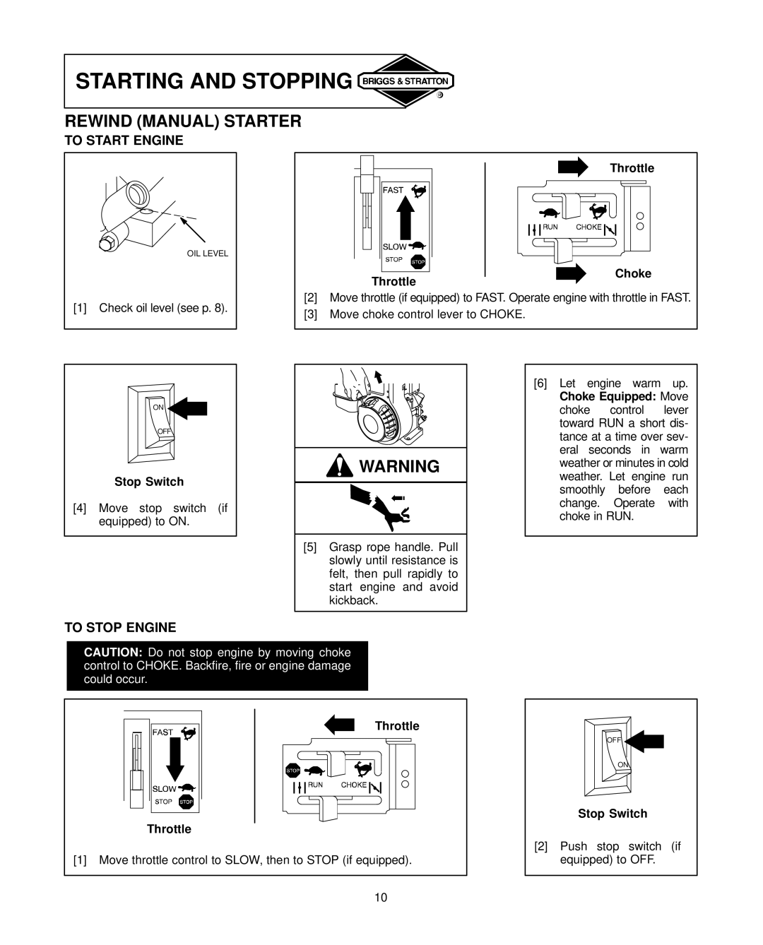 Briggs & Stratton 91200, 92200, 94200 Starting and Stopping, Rewind Manual Starter, To Start Engine, To Stop Engine 