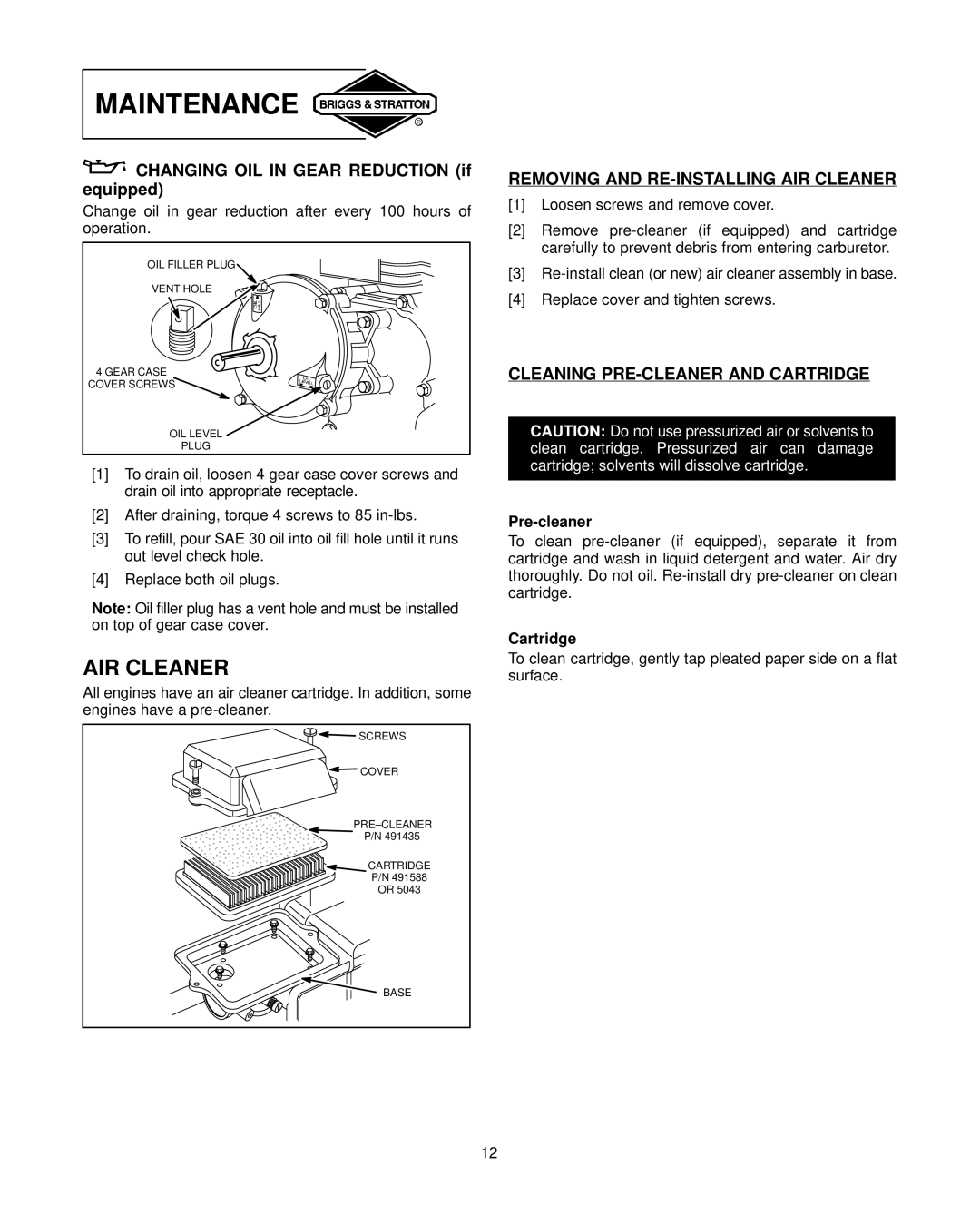 Briggs & Stratton 91200, 92200, 94200 Removing and RE-INSTALLING AIR Cleaner, Cleaning PRE-CLEANER and Cartridge 