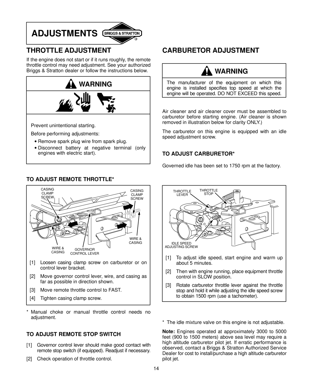 Briggs & Stratton 91200, 92200, 94200 warranty Adjustments, Throttle Adjustment, Carburetor Adjustment 