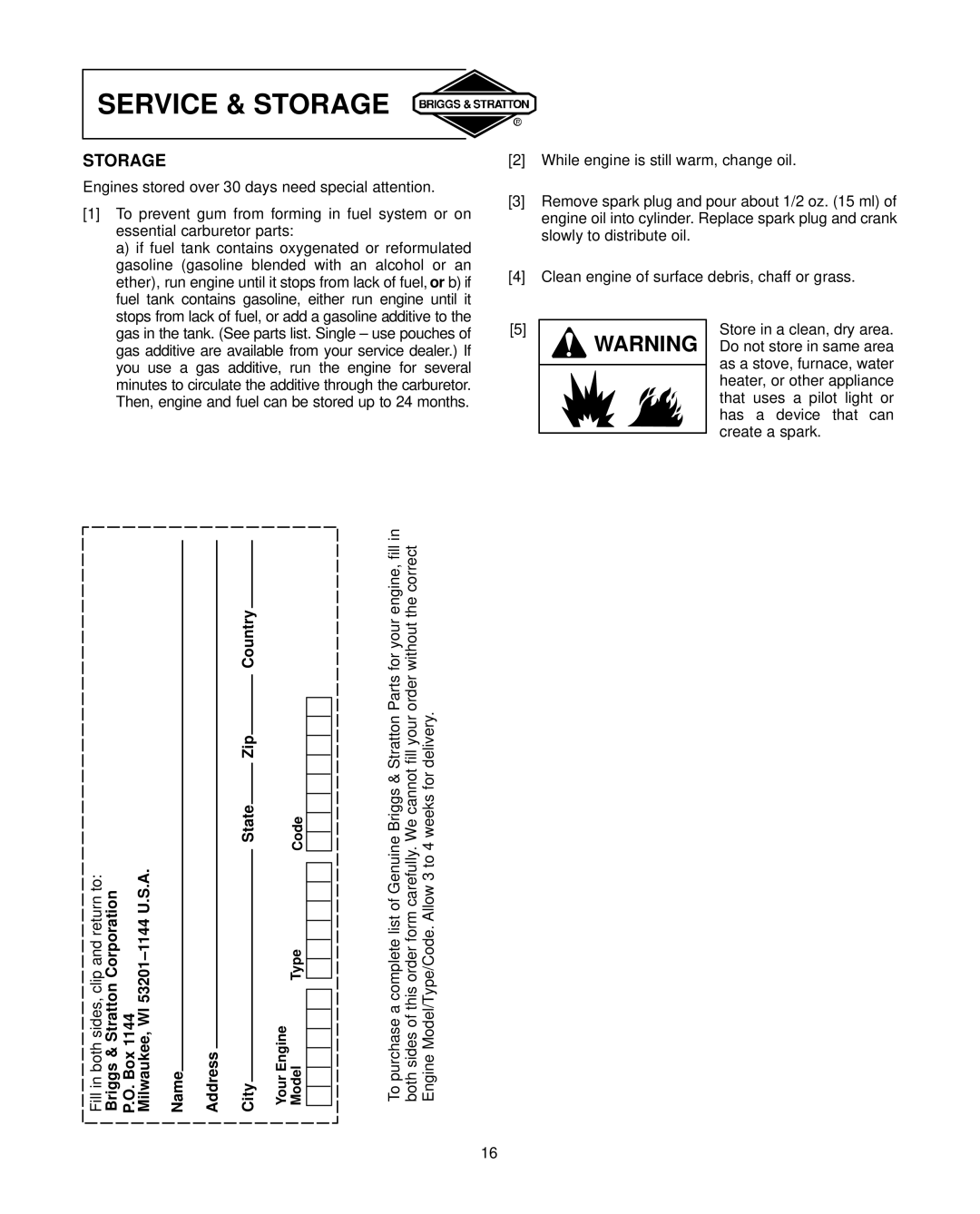 Briggs & Stratton 91200, 92200, 94200 warranty Storage, City 