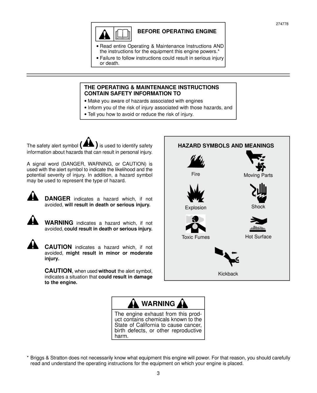 Briggs & Stratton 91200, 92200, 94200 warranty Before Operating Engine, Hazard Symbols and Meanings 