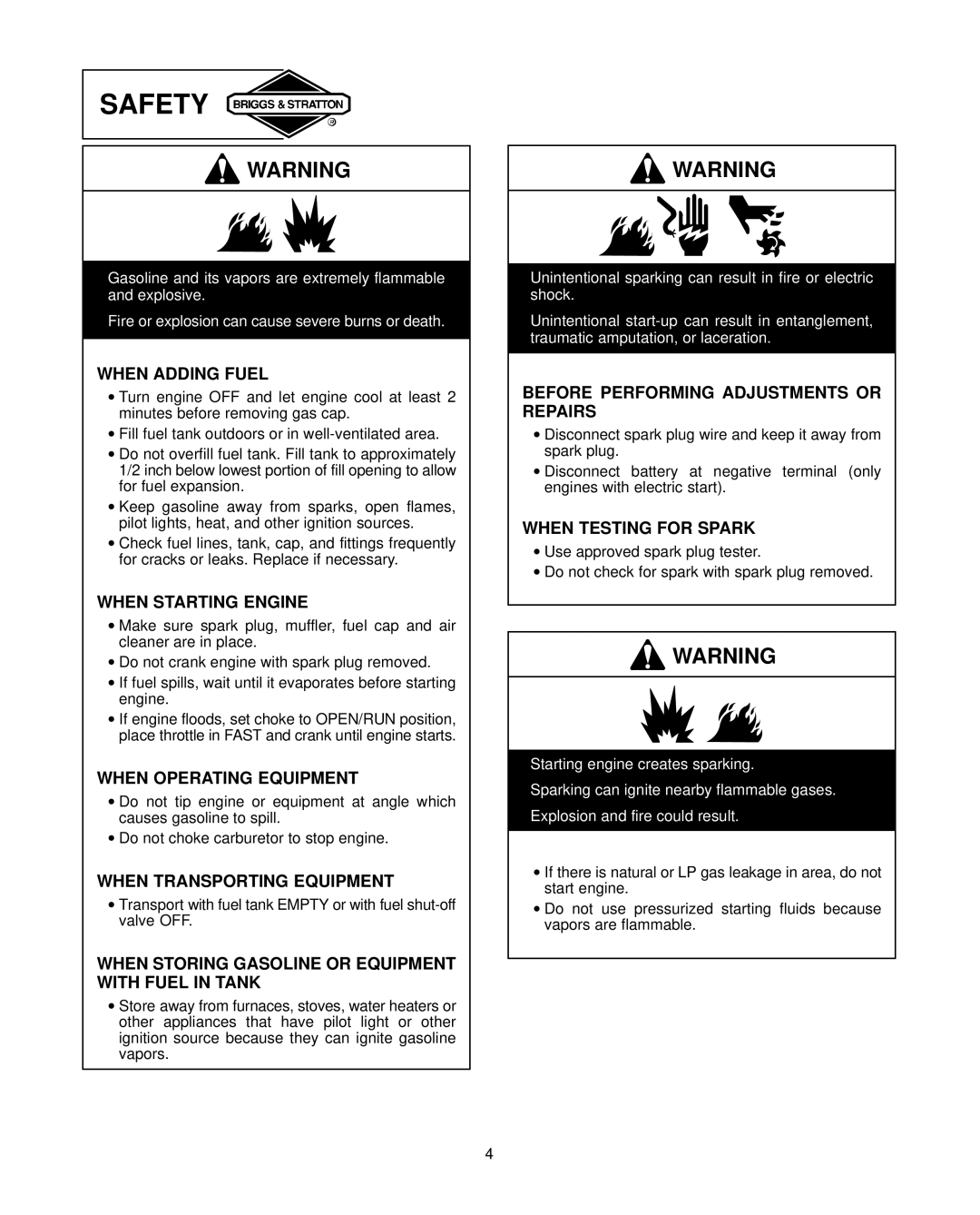 Briggs & Stratton 91200, 92200, 94200 warranty Safety 