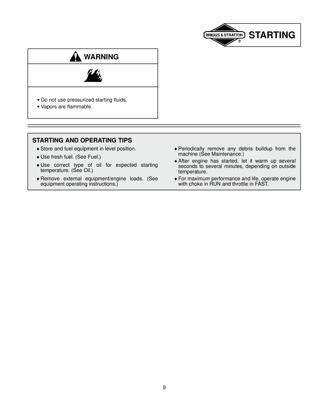 Briggs & Stratton 91200, 92200, 94200 warranty Starting and Operating Tips 