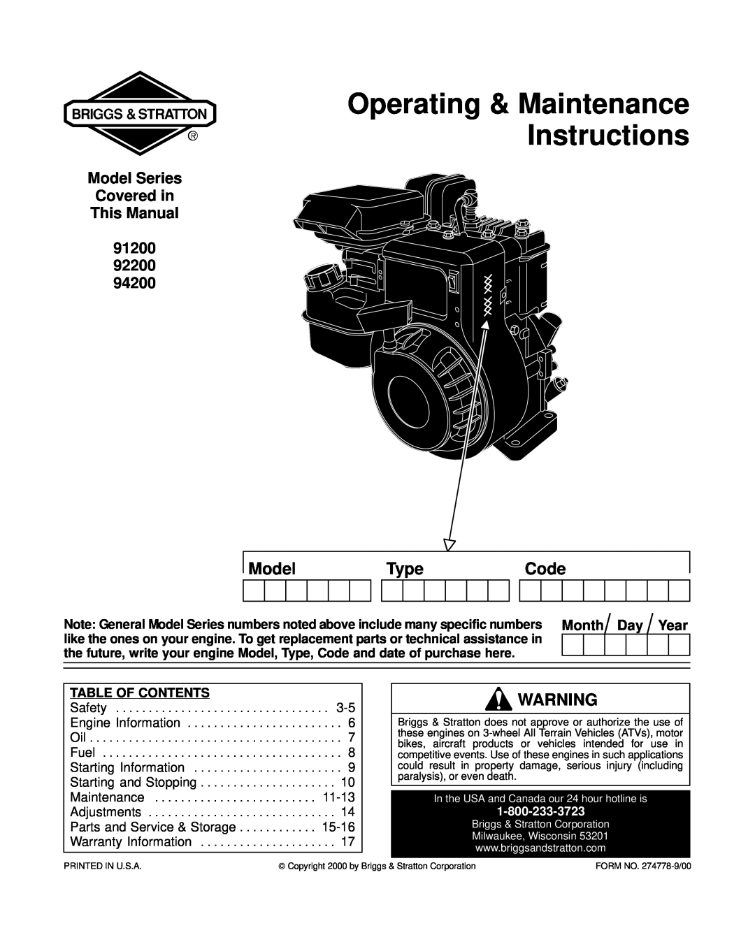 Briggs & Stratton 91200, 92200, 94200 warranty Model, Type, Code, Month Day Year, Table Of Contents, Maintenance, 11-13 