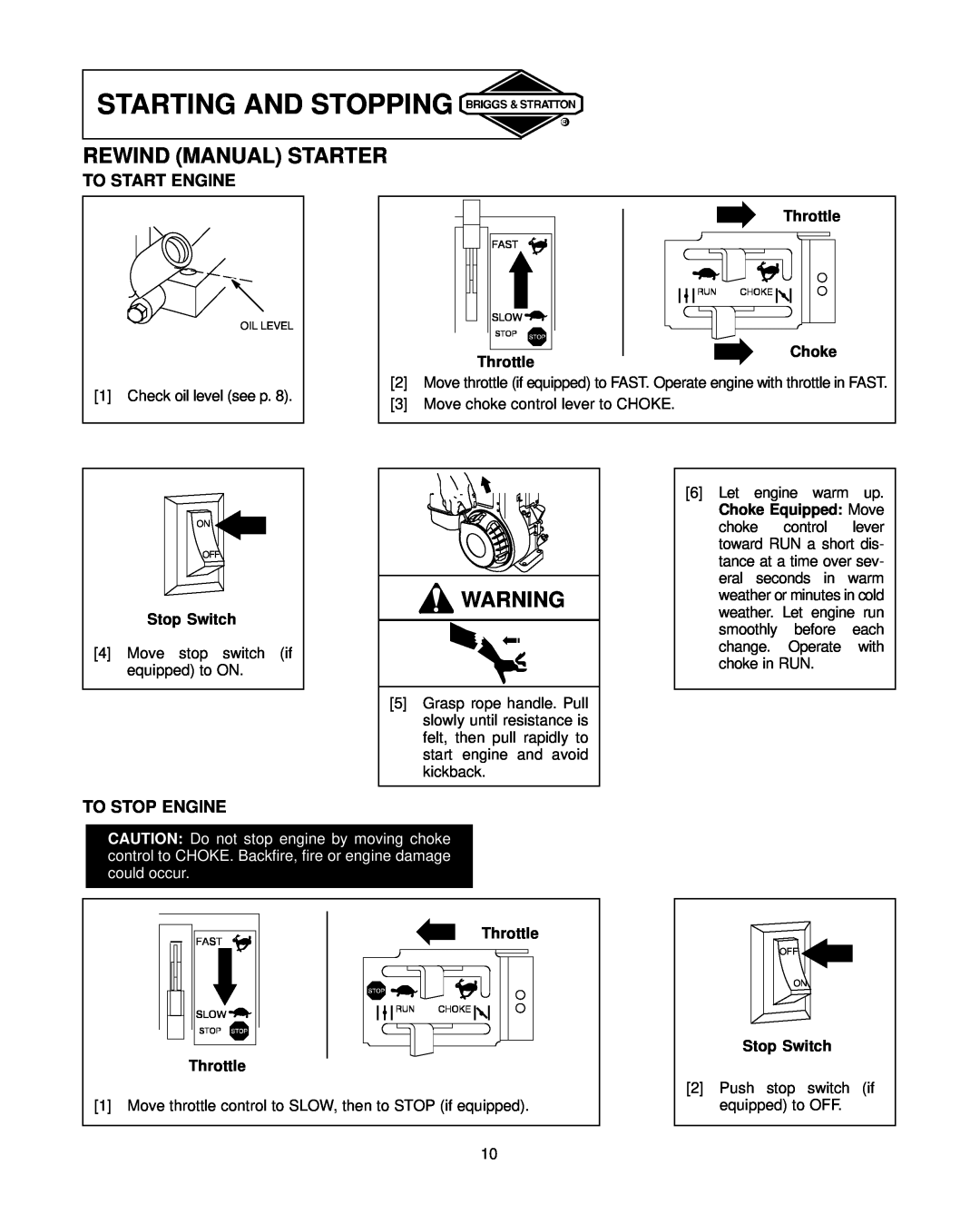 Briggs & Stratton 91200, 92200, 94200 Starting And Stopping, Rewind Manual Starter, To Start Engine, To Stop Engine, Choke 