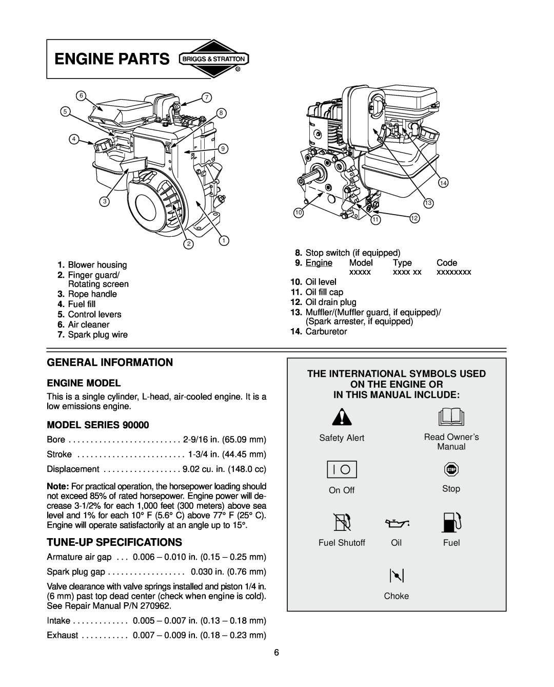 Briggs & Stratton 91200, 92200, 94200 warranty Engine Parts, General Information, Tune-Up Specifications, Engine Model 