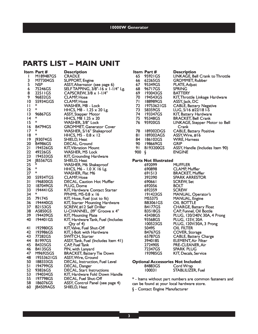Briggs & Stratton 9801 manual Parts List - Main Unit, Description, Parts Not Illustrated, Optional Accessories Not Included 